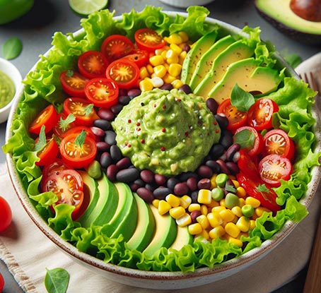 Una ensalada con salsa guacamole